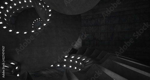 Architectural background. Abstract concrete interior with smooth chrome discs. Neon lighting. 3D illustration and rendering
