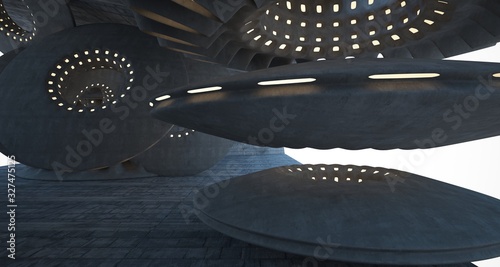 Architectural background. Abstract concrete interior with smooth chrome discs. Neon lighting. 3D illustration and rendering.