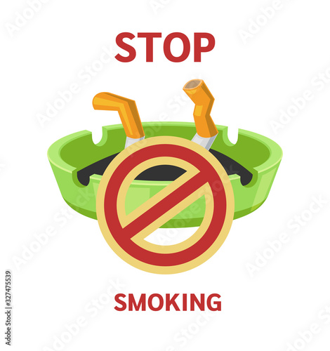 Smoking tobacco, bad habits set. Cigarettes with filter, cigar with tobacco, concept no smoking. Stop smoking red sign. The harm of tobacco flat vector illustration