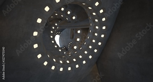 Architectural background. Abstract concrete interior with smooth chrome discs. Neon lighting. 3D illustration and rendering.