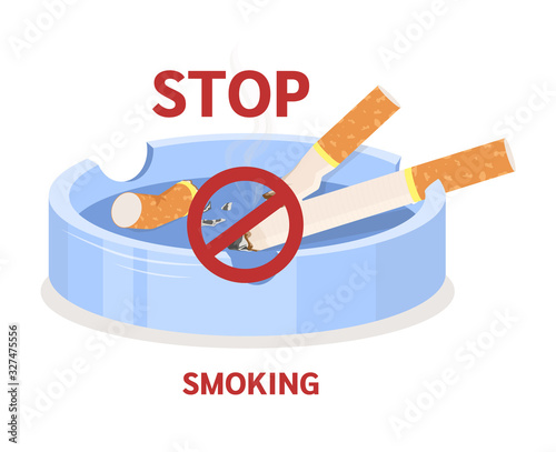 Smoking tobacco, bad habits set. Cigarettes with filter, cigar with tobacco, concept no smoking. Stop smoking red sign. The harm of tobacco flat vector illustration