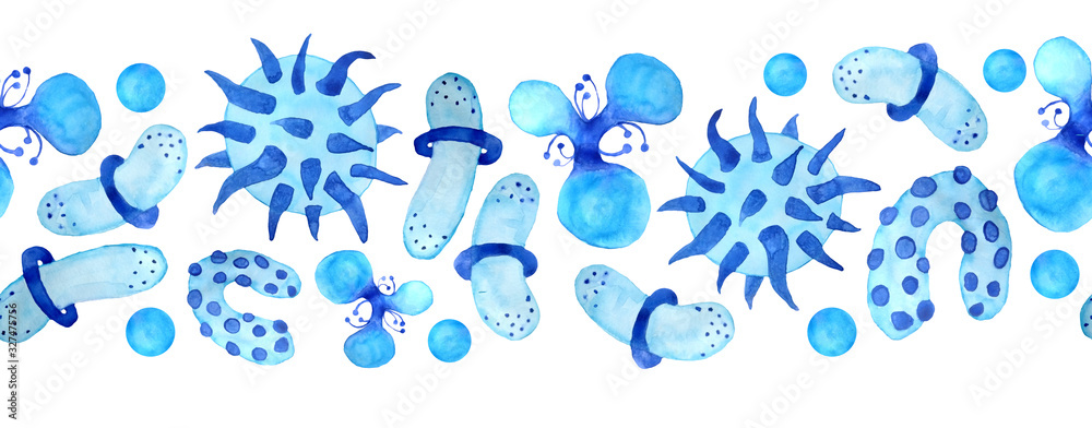 Fototapeta premium Hand drawn watercolor light dark blue cold viruses and bacteria seamless horizontal border. Microscopic cell illness, virus, bacterium and microorganism illustration. Microbiology concept. Flat