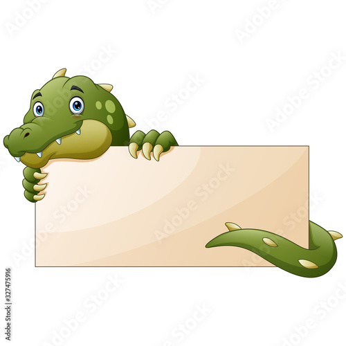 Funny crocodile cartoon with blank sign paper