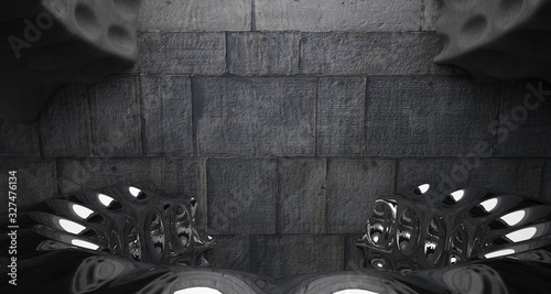 Architectural background. Abstract concrete interior with smooth chrome discs. 3D illustration and rendering.