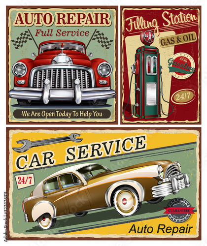 Set of vintage car metal signs,Garage, Filling Station retro posters.