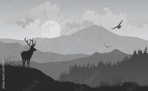 mountain landscape with a deer and birds flying to the sun, vector illustration, silhouette composition with good detail