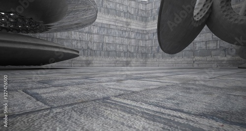 Architectural background. Abstract concrete interior with smooth chrome discs. 3D illustration and rendering.