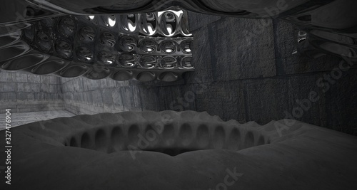 Architectural background. Abstract concrete interior with smooth chrome discs. 3D illustration and rendering.