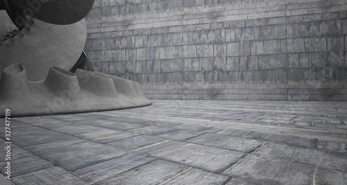 Architectural background. Abstract concrete interior with smooth chrome discs. 3D illustration and rendering.