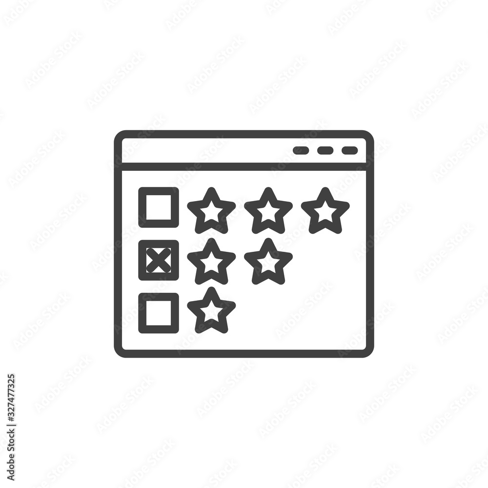 Website Ranking line icon. Web Page feedback linear style sign for mobile concept and web design. Website page with rating stars outline vector icon. Symbol, logo illustration. Vector graphics Website Ranking line icon. Web Page feedback linear style sign for mobile concept and web design. Website page with rating stars outline vector icon. Symbol, logo illustration. Vector graphics