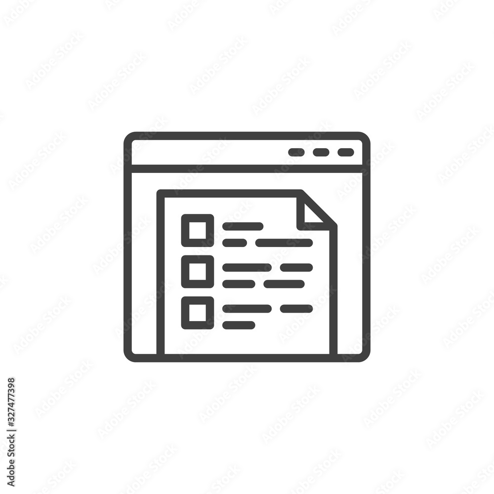 Online survey line icon. linear style sign for mobile concept and web design. Website checklist outline vector icon. Symbol, logo illustration. Vector graphics Online survey line icon. linear style sign for mobile concept and web design. Website checklist outline vector icon. Symbol, logo illustration. Vector graphics