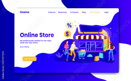 Landing page online shopping with customers outside the store who want to enter to buy goods. Flat vector illustration concept for web pages for web sites