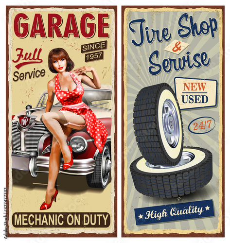 Set of vintage car metal signs,Garage, Tire Service retro posters.
