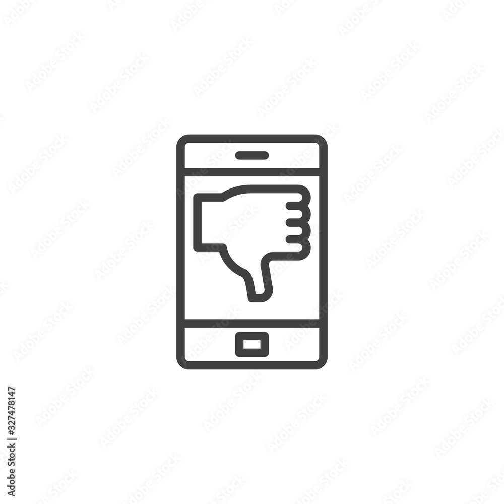 Smartphone with dislike message line icon. linear style sign for mobile concept and web design. Mobile phone with Thumbs down feedback outline vector icon. Symbol, logo illustration. Vector graphics Smartphone with dislike message line icon. linear style sign for mobile concept and web design. Mobile phone with Thumbs down feedback outline vector icon. Symbol, logo illustration. Vector graphics