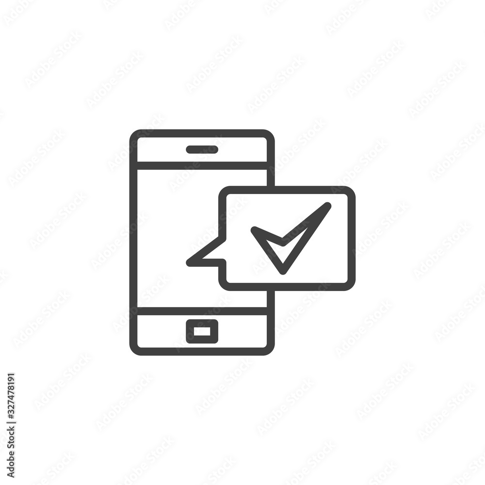 Mobile phone approval message line icon. linear style sign for mobile concept and web design. Smartphone with feedback speech bubble outline vector icon. Symbol, logo illustration. Vector graphics Mobile phone approval message line icon. linear style sign for mobile concept and web design. Smartphone with feedback speech bubble outline vector icon. Symbol, logo illustration. Vector graphics