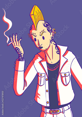 young punk stand and holding a cigarette