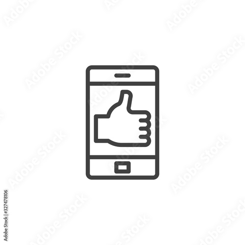 Smartphone with like message line icon. linear style sign for mobile concept and web design. Mobile phone with Thumbs up feedback outline vector icon. Symbol, logo illustration. Vector graphics