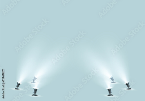 Floor spotlights for studio or stage. Vector realistic glowing floodlights for illumination show, concert or podium. Small spot lamps isolated on green background