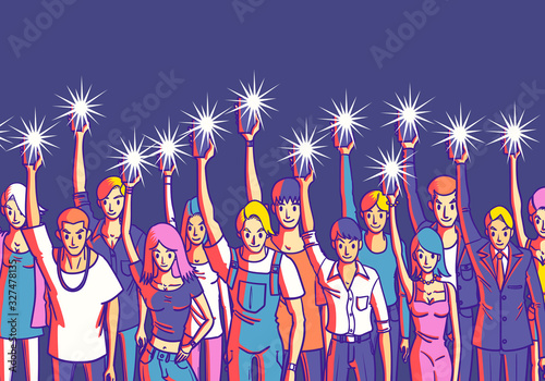 people raising up the smartphone and turn on flash