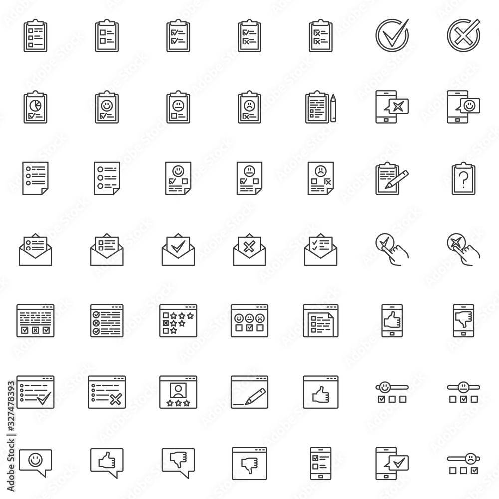 Feedback line icons set. linear style symbols collection, Document reviews and rating outline signs pack. vector graphics. Set includes icons as like and dislike, positive negative feedback, rate star