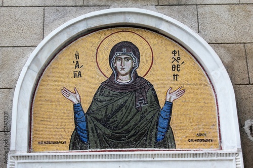 Mosaic icon of Filothei, the patron Saint of Athens, with the words Agia Filothei (Saint Filothei) written on it, Athens, Greece