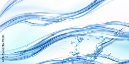 Fresh clean water flowing wave with bubbles and drops. Vector illustration with realistic clear blue aqua splash, water background. Flow of pure liquid drink