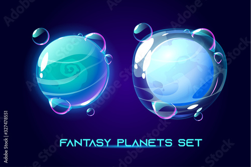 Fantasy space planets for ui galaxy game. Vector cartoon icons set of magic alien world, fantastic cosmic objects with soap bubbles and atmosphere, liquid core. Fantastic astronomy collection