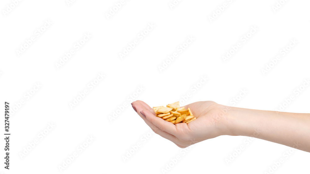Square mini salted crackers, snack food. Isolated on white. Square mini salted crackers, snack food. Isolated on white.