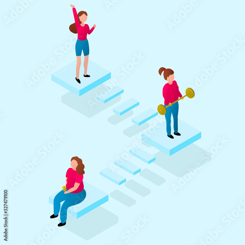 The process of losing weight. The concept of sports and proper nutrition. Isometric vector illustration.