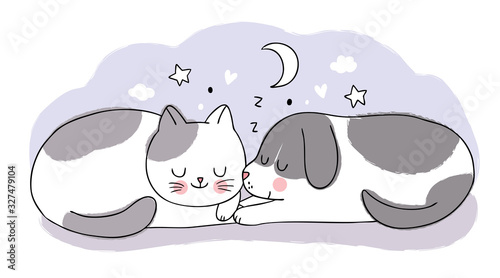 Cartoon cute sweet dream, Adorable cat and dog sleeping together vector.