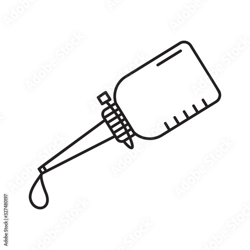 Inclined oiler with dripping drop of lubricating oil. Linear icon of gear lubrication. Black simple illustration. Contour isolated vector image on white background. Bottle with glue, gel, paint