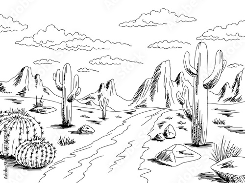 Prairie road graphic black white desert landscape sketch illustration vector