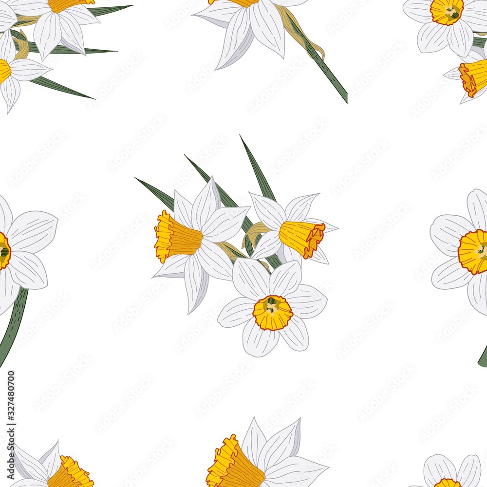  Floral seamless pattern. Spring background. Bunches of daffodils. Color image. Decor element. Vector illustration.