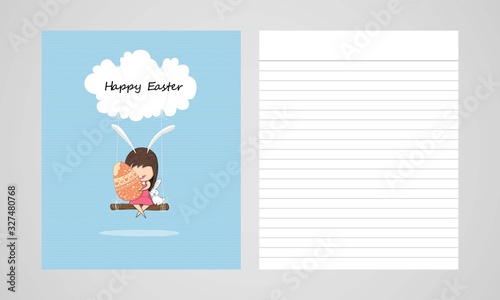 Book girl sat on the swing and the rabbit Happy Easter background  vector design