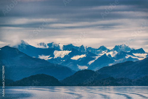 Alaska wilderness nature at dusk landscape scenery from cruise ship vacation in inside passage  tourist attraction  USA travel  United States of America.