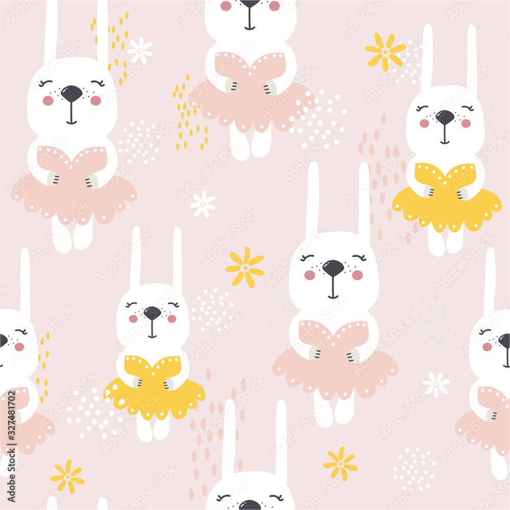 Bunnies in dresses, hand drawn backdrop. Colorful seamless pattern with animals. Decorative cute wallpaper, good for printing. Overlapping background vector. Design illustration, rabbits