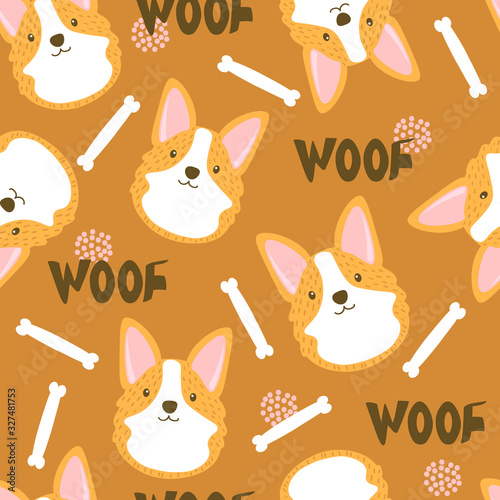 Happy dogs, hand drawn backdrop. Colorful seamless pattern with animals, bones. Decorative cute wallpaper, good for printing. Overlapping background vector. Design illustration