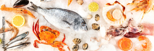 Fish and seafood panoramic top shot. Sea bream, crab, sardines, scallops, shrimps on a white background