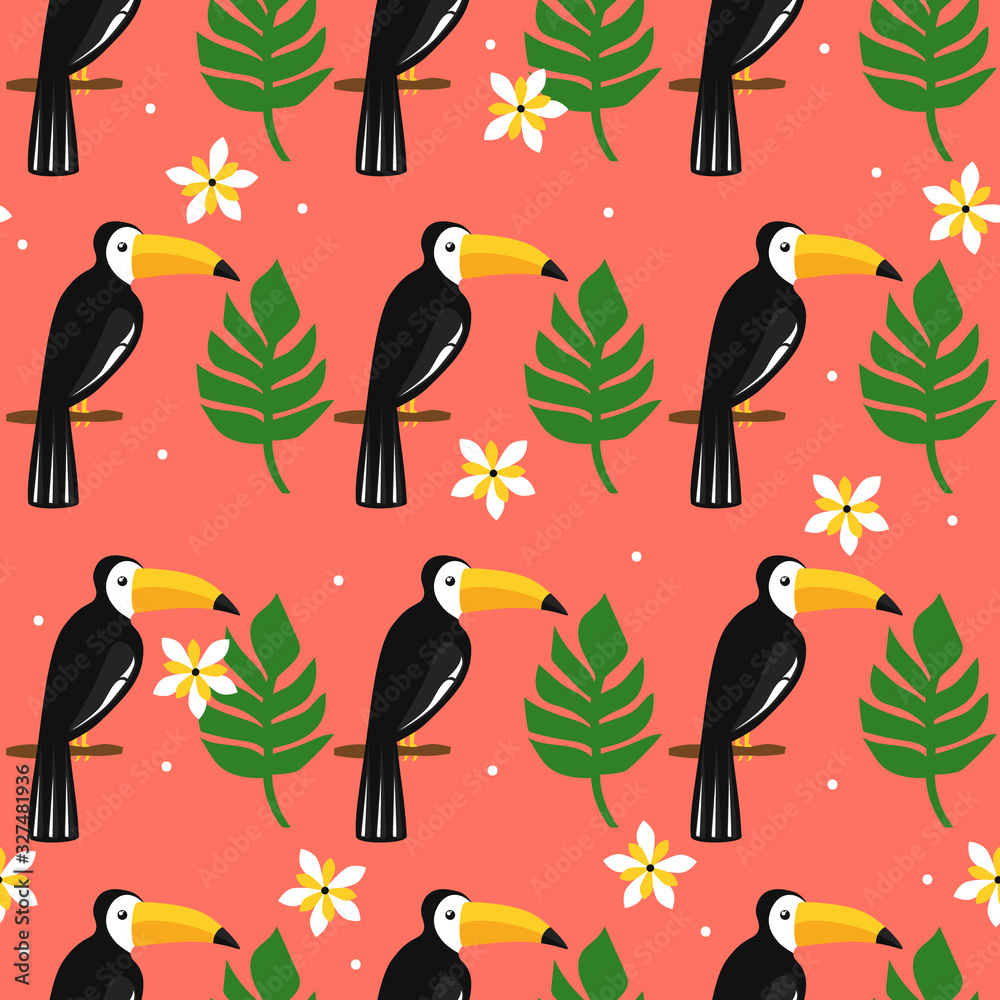 Seamless pattern, birds, palm leaves, flowers, hand drawn overlapping backdrop. Colorful background vector. Cute illustration, toucans. Decorative wallpaper, good for printing