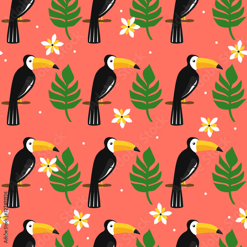 Seamless pattern, birds, palm leaves, flowers, hand drawn overlapping backdrop. Colorful background vector. Cute illustration, toucans. Decorative wallpaper, good for printing