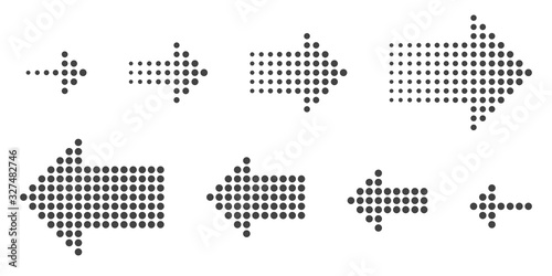 Dotted arrows set. Vector halftone arrows.