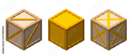 Pixelated Wooden box set. Pixel Art. Isometric projection. 3d Vector illustration. Isolated on white background.