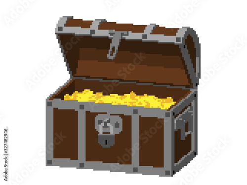 Opened Pixelated Treasure vintage wooden Chest full of gold coins. Pixel Art. Dimetric projection. 3d Vector illustration. Isolated on white background.