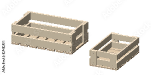 Pixelated Empty wooden crate. Pixel Art Vector 3d illustration. Dimetric projection. Different viewes. Isolated on white background.