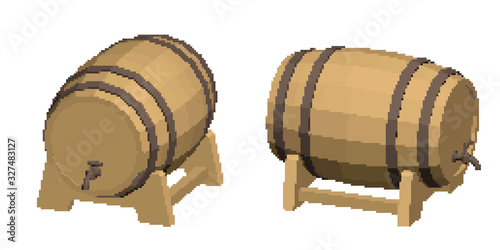 Pixelated Wooden barrel with tap. Pixel Art Vector 3d illustration. Dimetric projection. Different viewes. Isolated on white background.