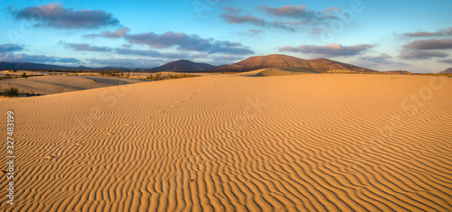 Beautiful landscape of sand dunes in the National Park of Dunas de Corralejo , Canary Islands ,Fuerteventura.