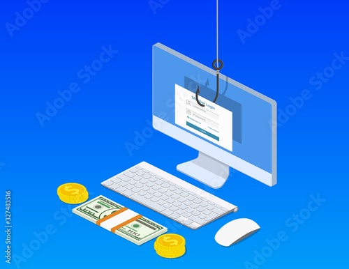 isometric Login into account and fishing hook. Internet phishing, hacked login and password.Computer internet security concept. Anti virus, spyware, malware. Vector illustration in flat style