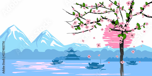 Chinese traditional or Japanese landscape, with pagoda and mountains, flowering tree