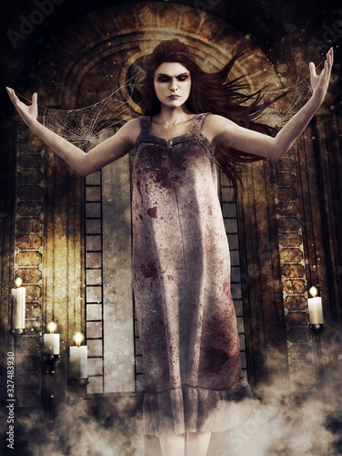 Dark scene with a ghost girl standing among candles in an old gothic temple. 3D render. The model in the image is a 3D object.