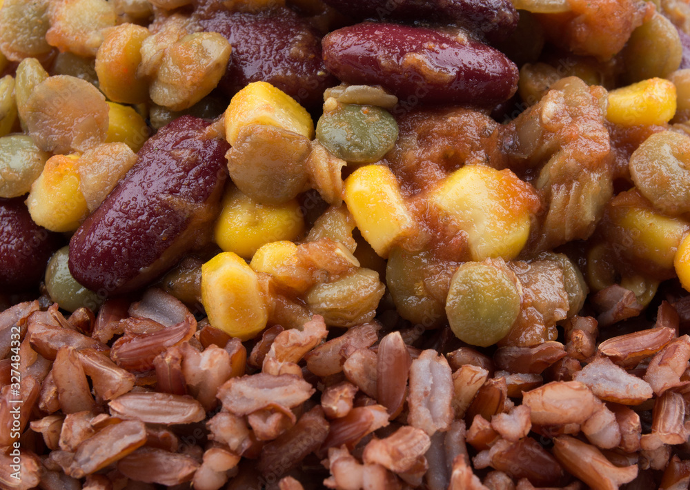 A Vegan Meal With Red Rice, Green Lentisl, Corn and Beans A Vegan Meal With Red Rice, Green Lentisl, Corn and Beans